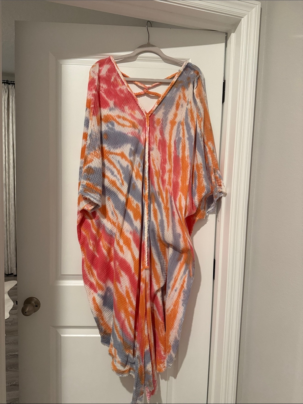Tie-Dye V-Neck Swim Coverup with Back Straps - Orange, Pink & Blue